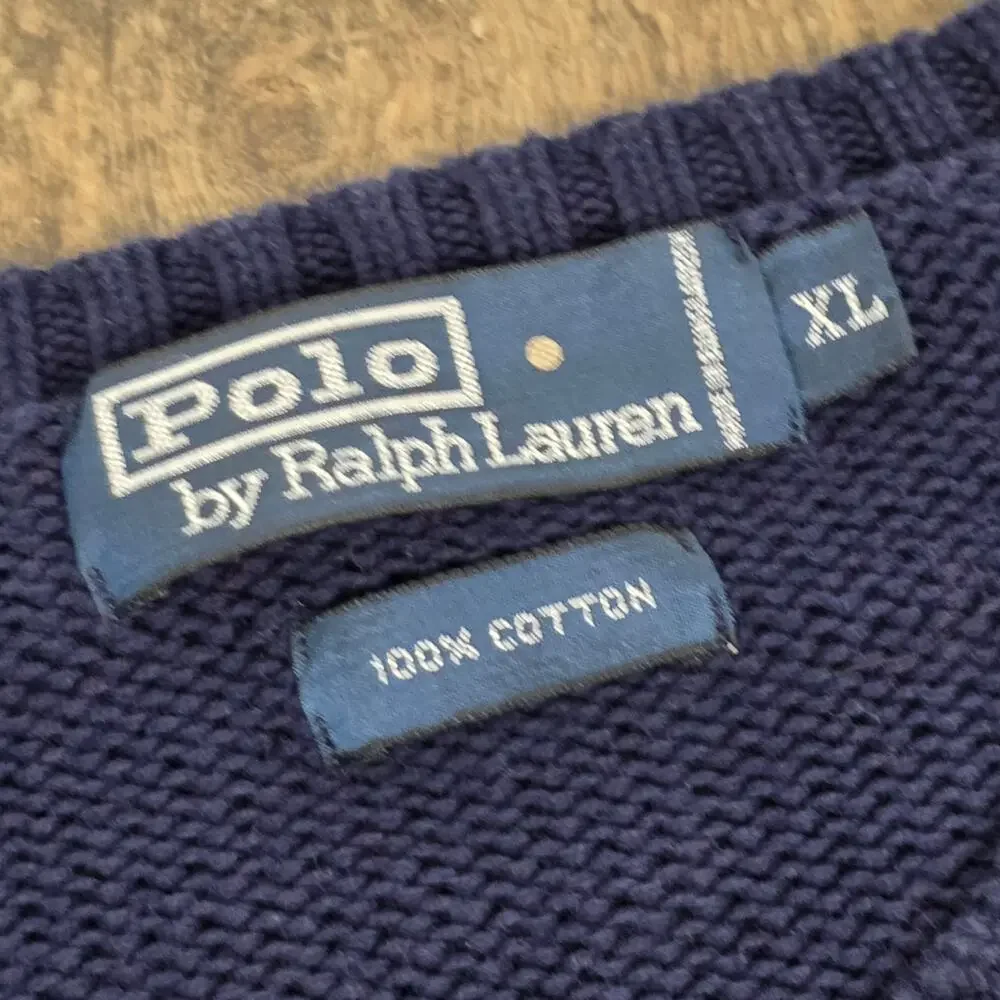 Polo Ralph Lauren Vintage Rugby Stripe V-Neck Sweater Navy Green Cotton XL